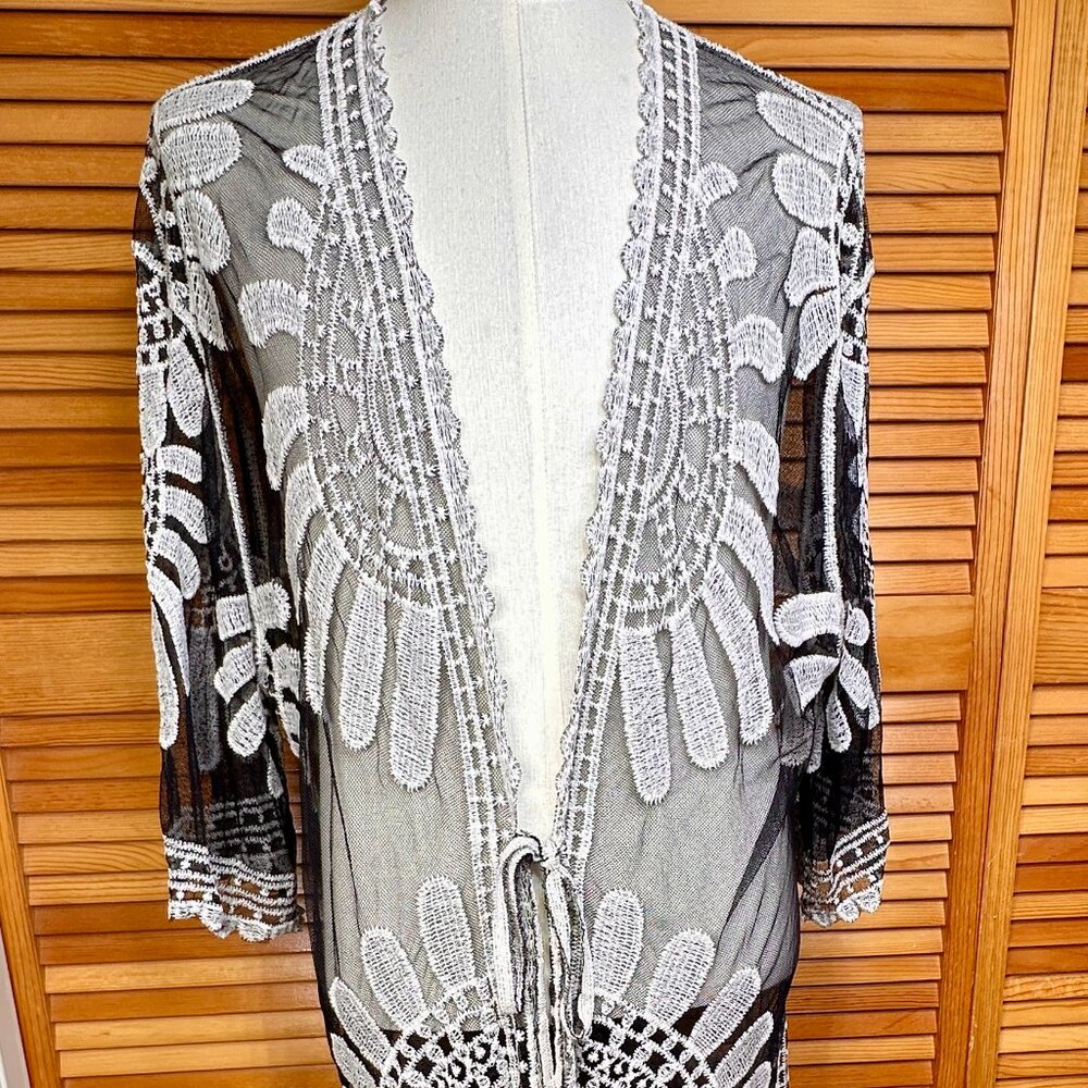 Sheer Black White Embroidered Mesh Duster One Size Bell Sleeve